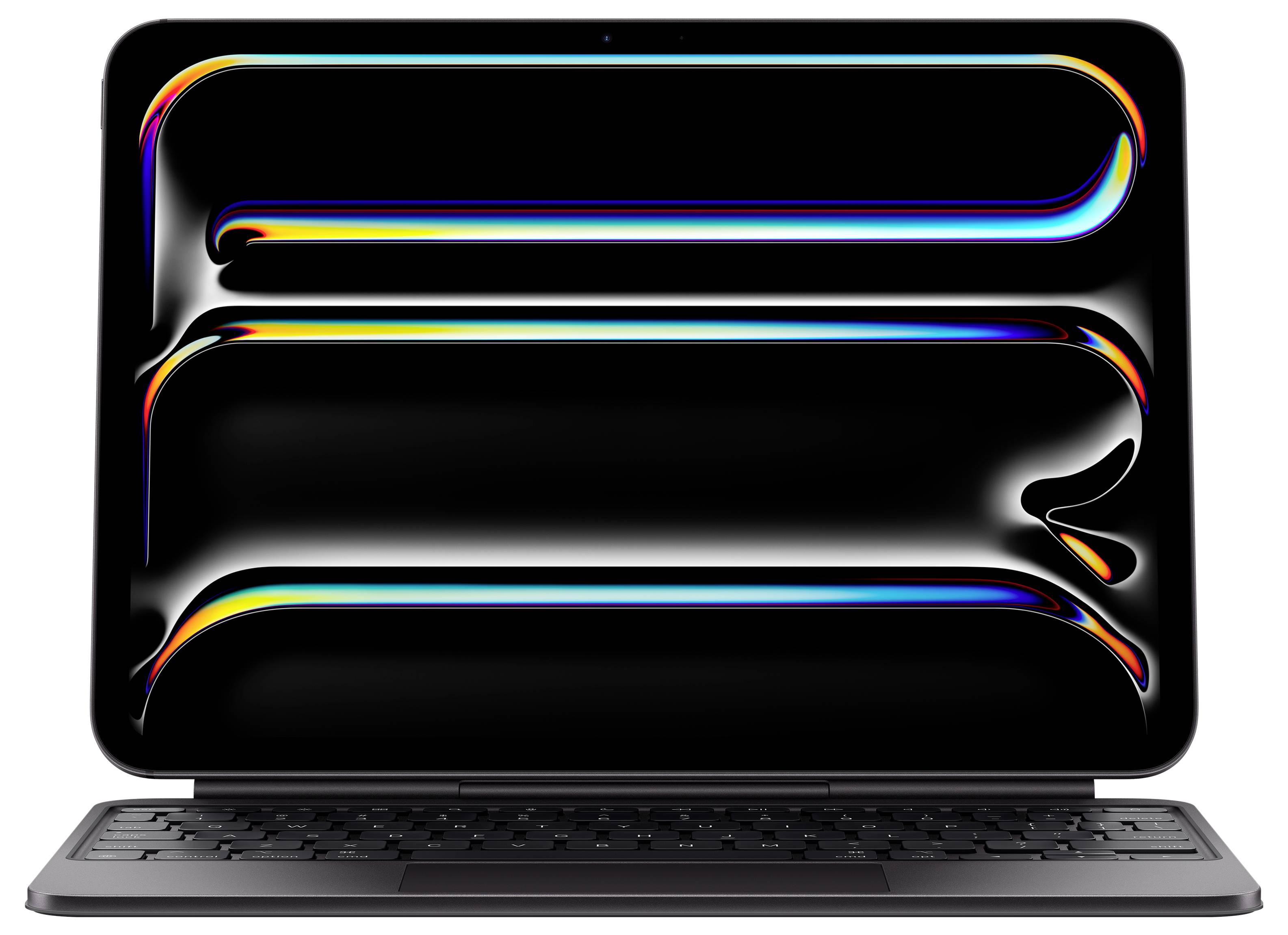 A laptop with a glowing, abstract screen design featuring colorful, flowing curves on a black background, keyboard visible below.