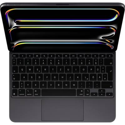 Top view of an open laptop with a black keyboard. Display shows abstract colorful curved lines on a black background.