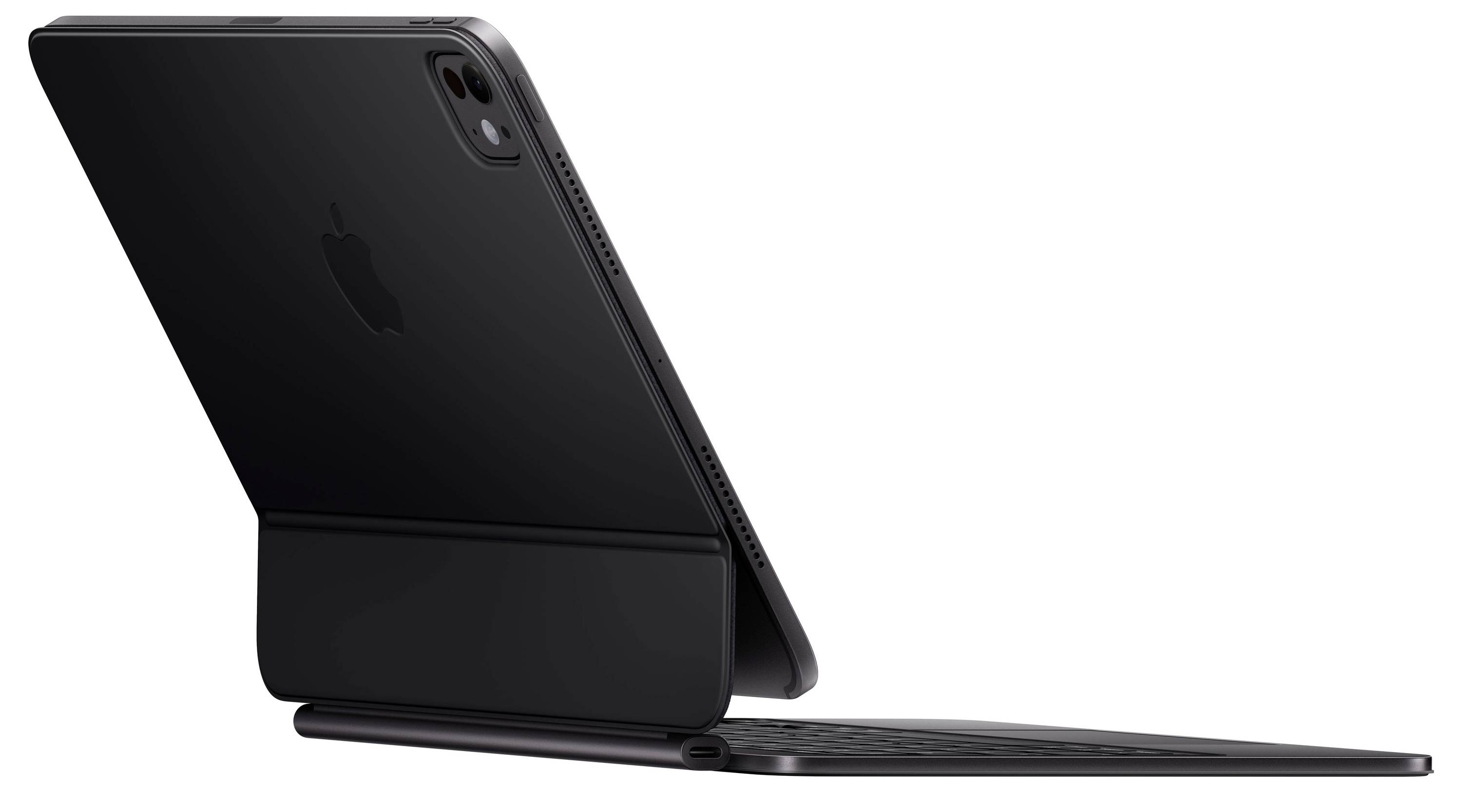 A tablet with a keyboard case is open on a surface, displaying a sleek, modern design and an apple logo on the back.