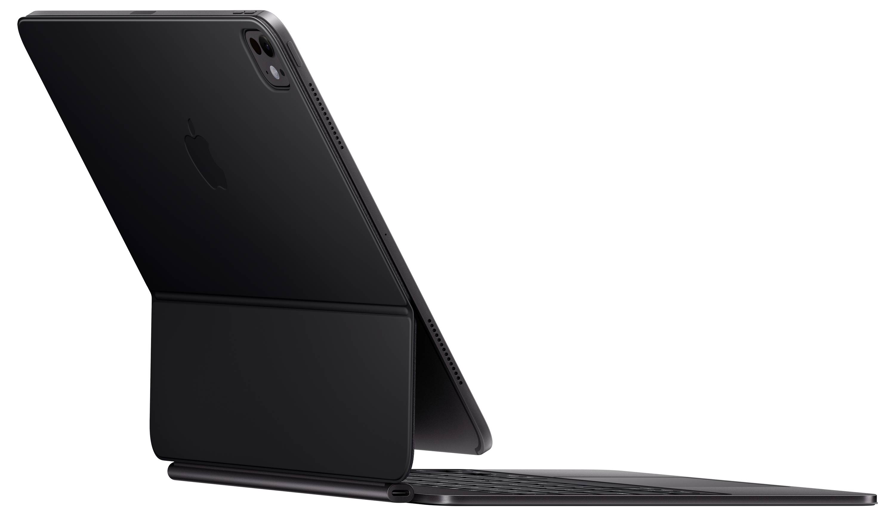 A gray tablet is connected to a slim, hinged keyboard, resembling a small laptop setup, viewed from the back and side.