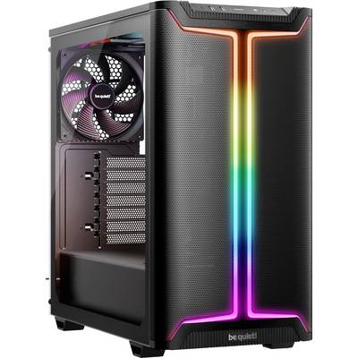 A black computer tower with RGB lighting on the front panel. The internal components are visible through a side panel with a case fan installed.