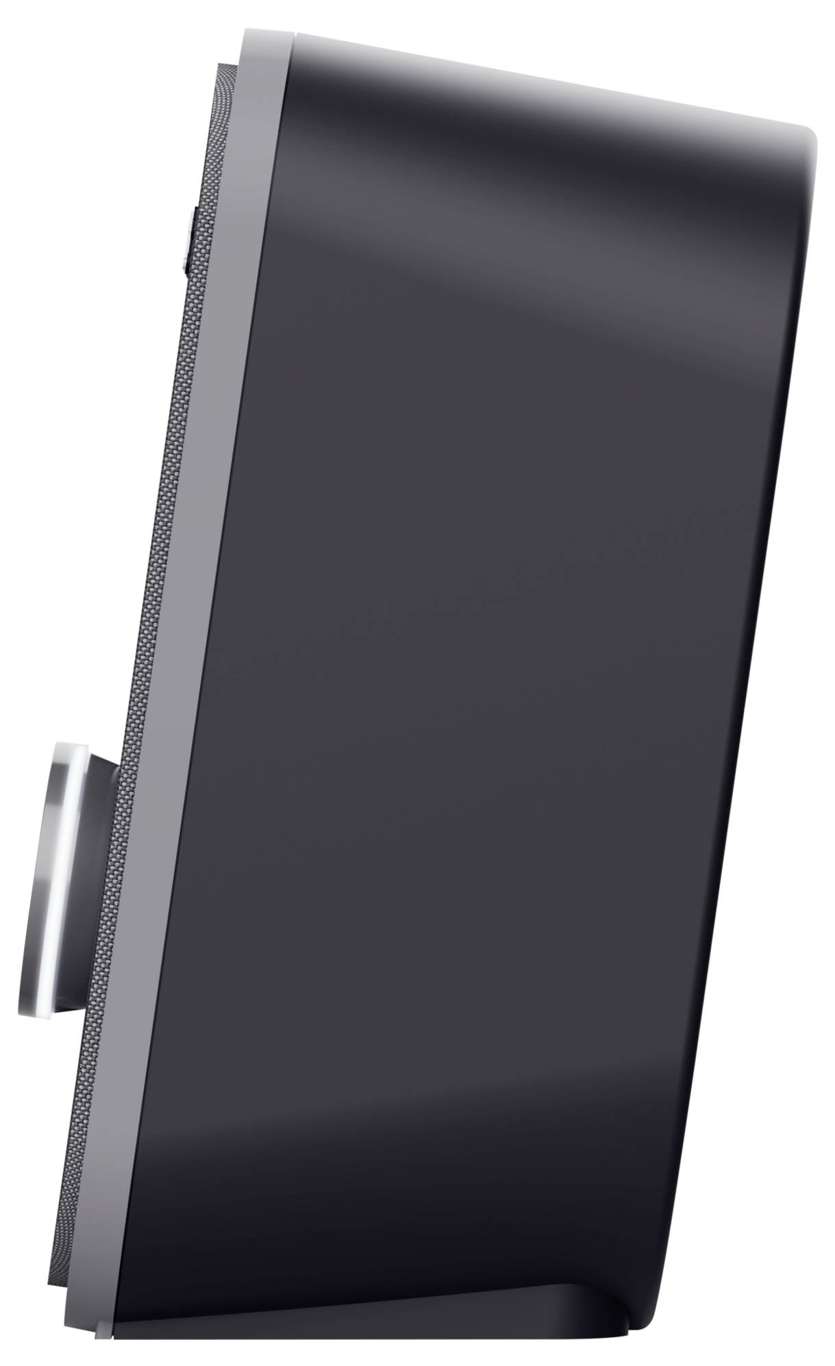 A sleek black speaker with a silver accent on the side, shown from a side angle, emphasizing its modern and minimalist design.
