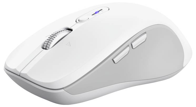 A sleek white wireless computer mouse with a scroll wheel and two side buttons, suitable for comfortable use.