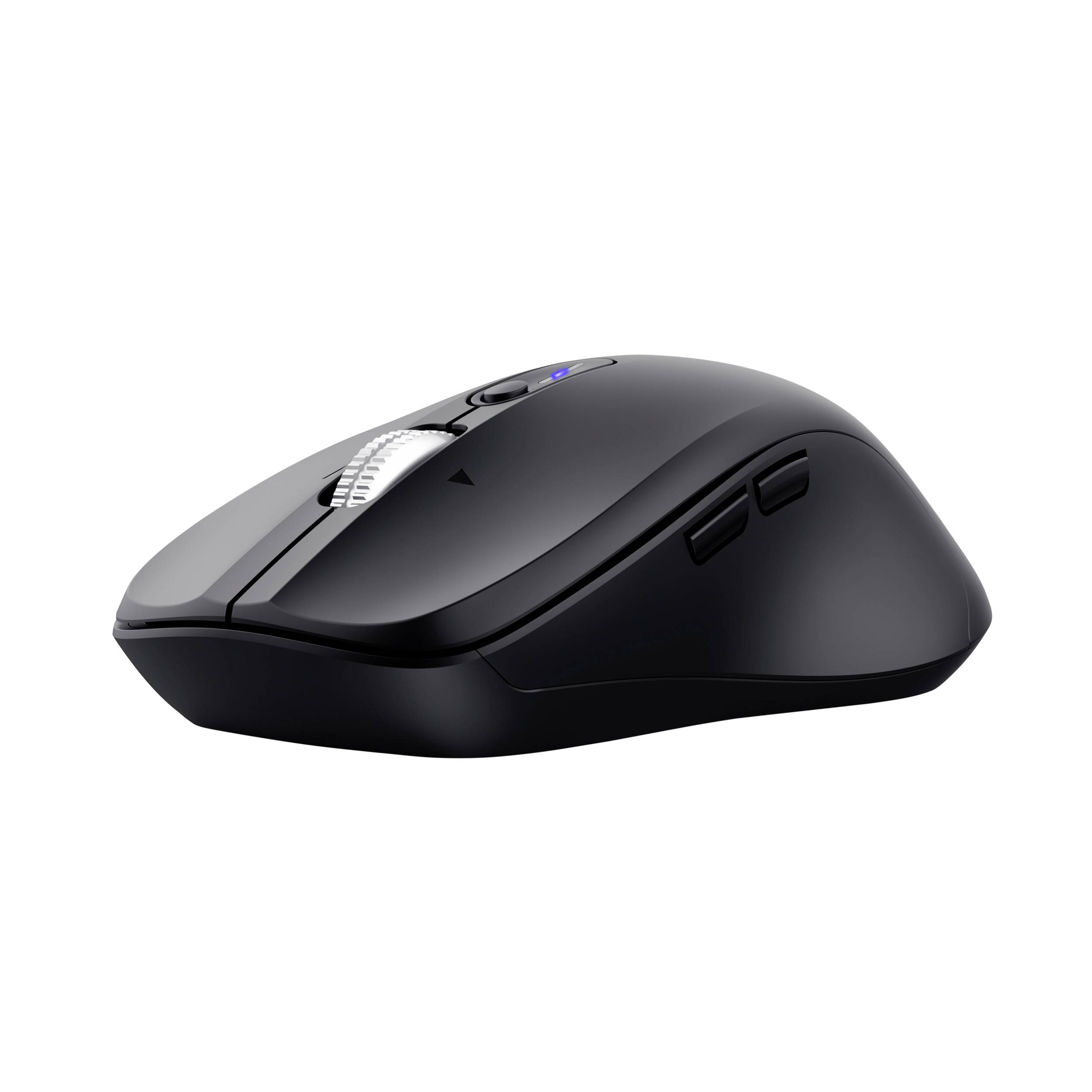 A black wireless computer mouse with a scroll wheel and additional side buttons, angled, highlighting its ergonomic design.