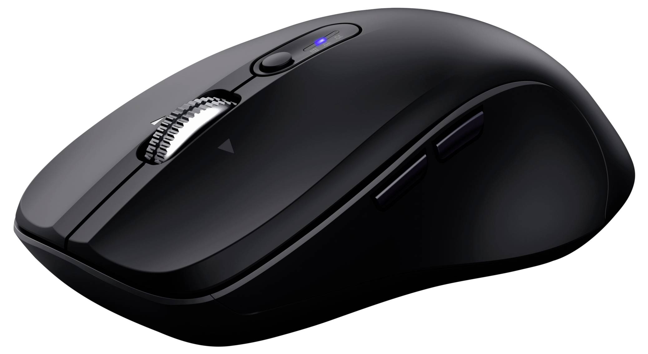 A sleek black wireless computer mouse with a scroll wheel and two side buttons, placed on a white background.