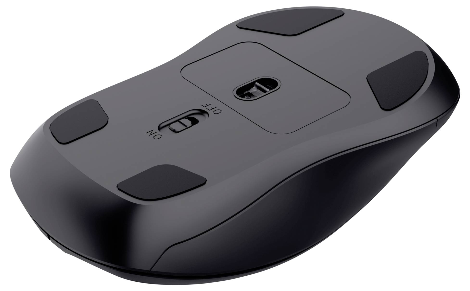 The image shows the underside of a computer mouse. It features a power switch, optical sensor, and rubber pads on the corners for smooth movement.