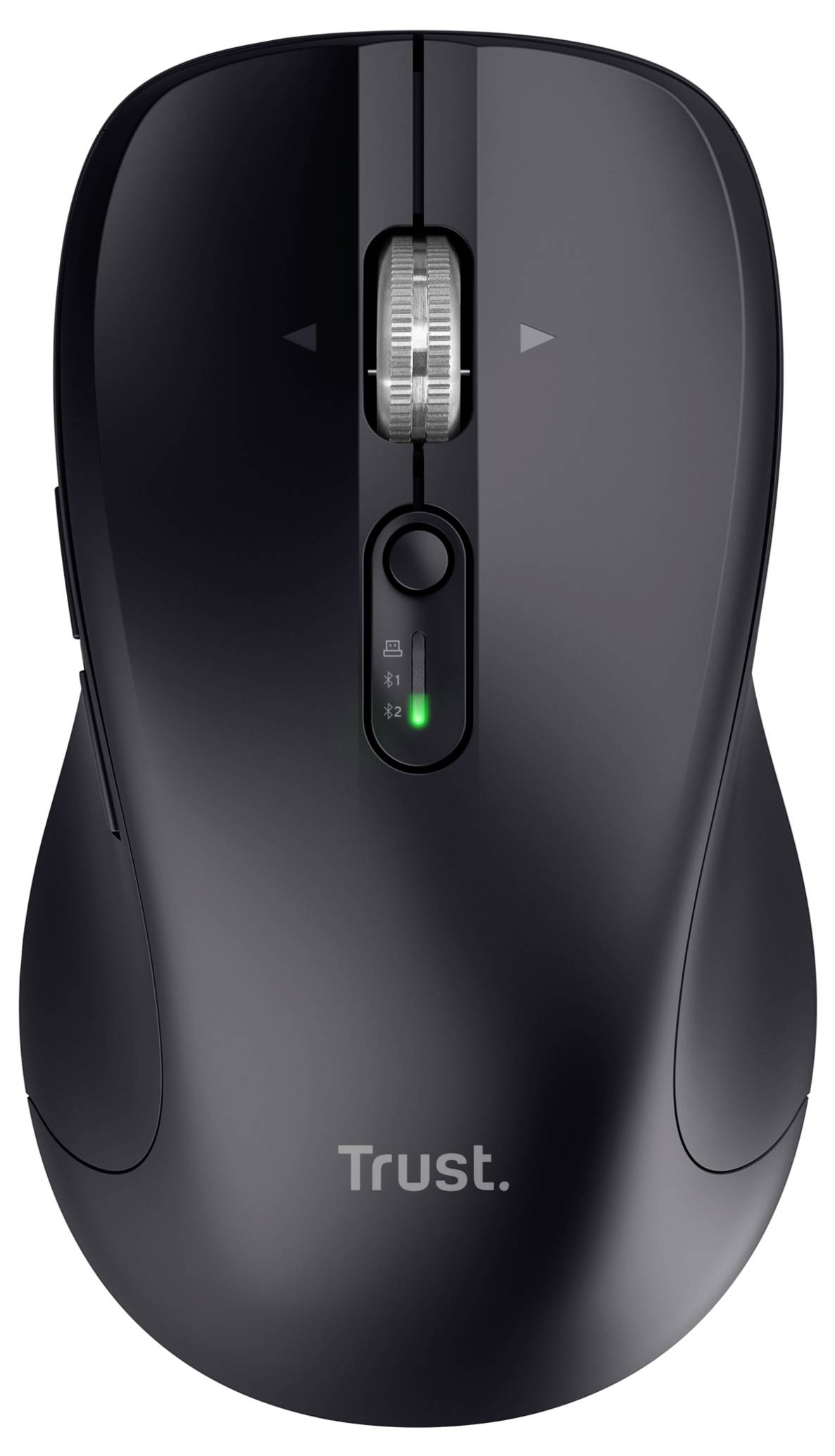 A black wireless mouse with 'Trust' logo, featuring a scroll wheel and arrow buttons, symbolizing modern ergonomic design.