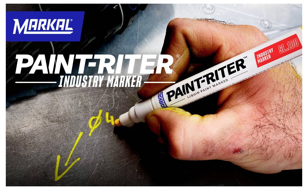 A person uses a 'Paint-Riter Industry Marker' on a metal surface, drawing yellow markings. The 'Markal' brand logo appears in the top left.