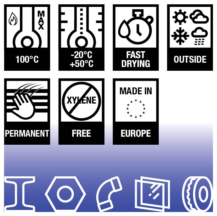 '100°C Max', '-20°C/+50°C', 'Fast Drying', 'Outside', 'Permanent', 'Xylene Free', 'Made in Europe'. Icons depict temperature, drying, usage conditions, permanence, and origin.