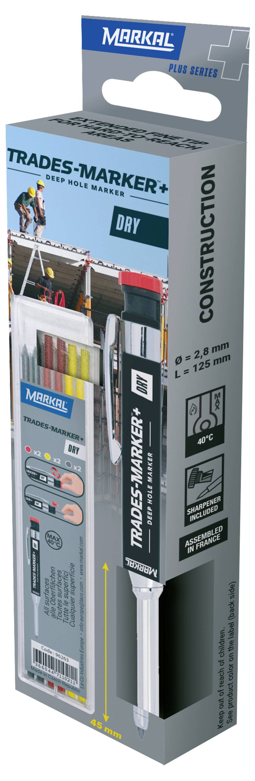 'Trades-Marker+' packaging shows the product for marking in construction. Features dry markers in various colors with a deep hole design.