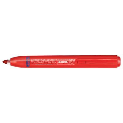 A red permanent marker pen labeled 'Markal Dura-Ink 200' with a chisel tip, designed for making bold and durable marks.