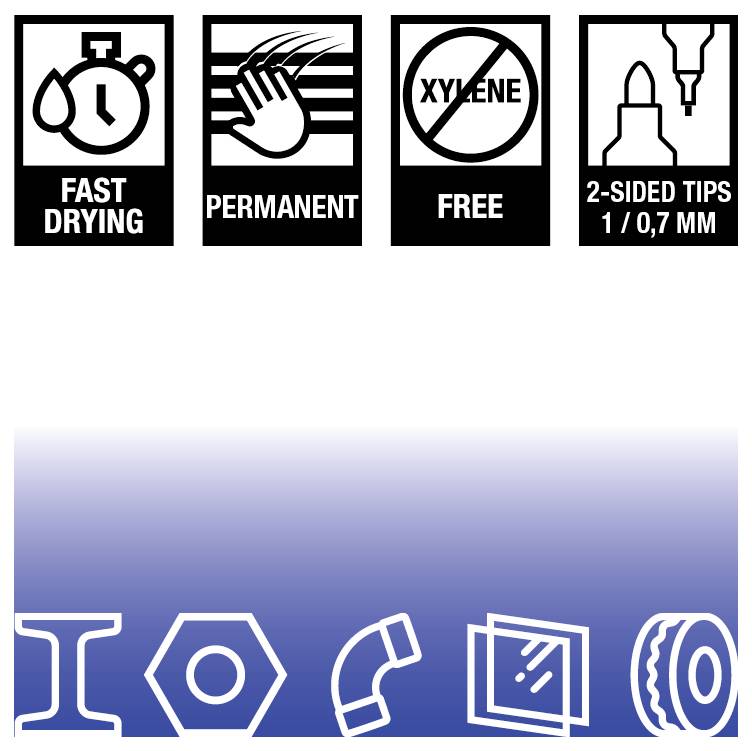 'Fast drying', 'permanent', 'xylene free', and '2-sided tips 1/0.7 mm' icons. Symbols for various surfaces: metal, wood, plastic, etc.