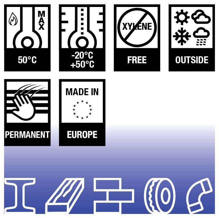 Symbols depict conditions: max 50°C, -20°C to 50°C, xylene-free, suitability for outdoor use, permanent, made in Europe. Various tools shown.
