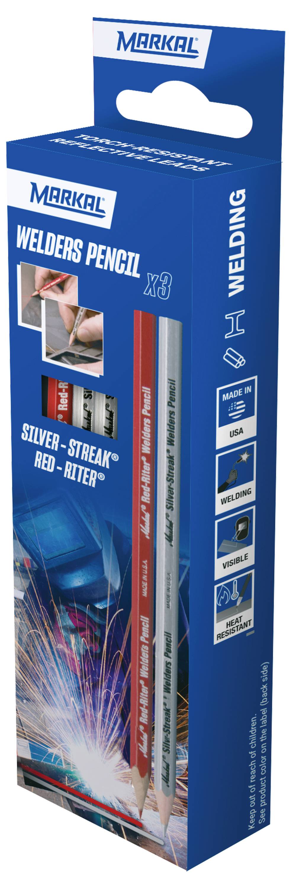 'Markal Welders Pencil' package with three pencils labeled 'Silver-Streak' and 'Red-Riter', shown with welding imagery and usage icons.