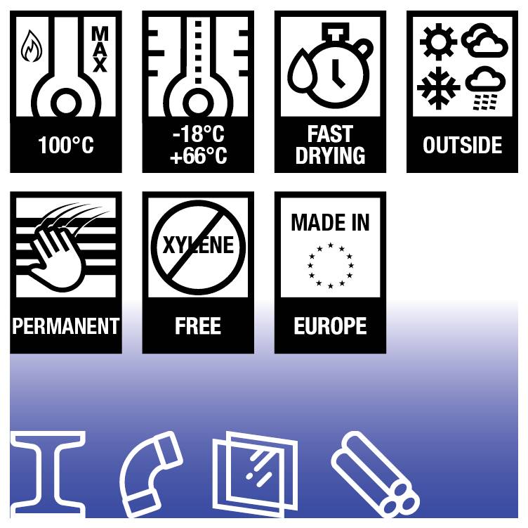 Icons indicating: max temperature 100°C, range -18°C to +66°C, fast drying, outdoor use, permanent, xylene-free, made in Europe.