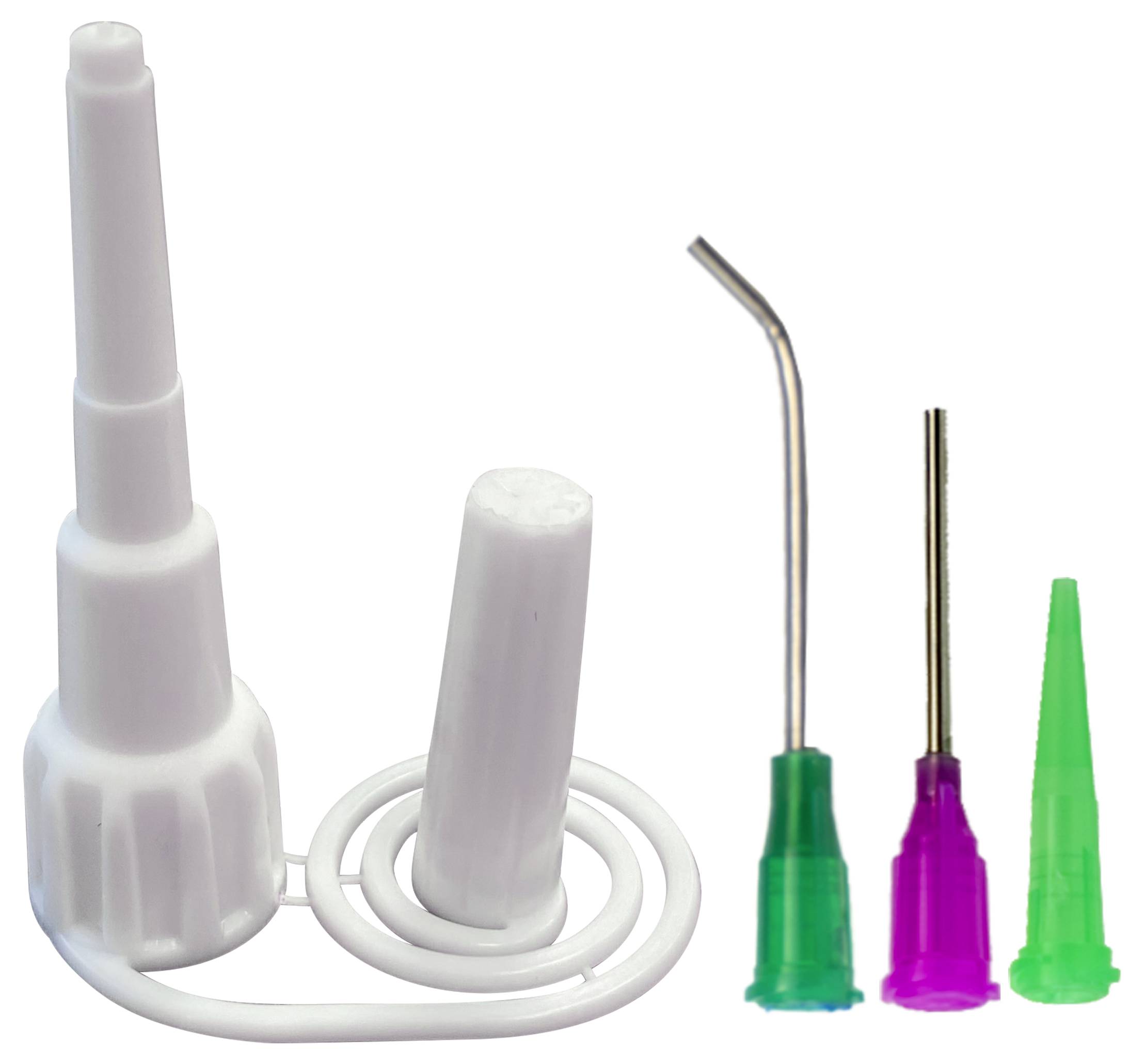 White applicator tip with cap and coiled tube on the left; three colorful syringe tips (green, pink, green) with varying shapes on the right.