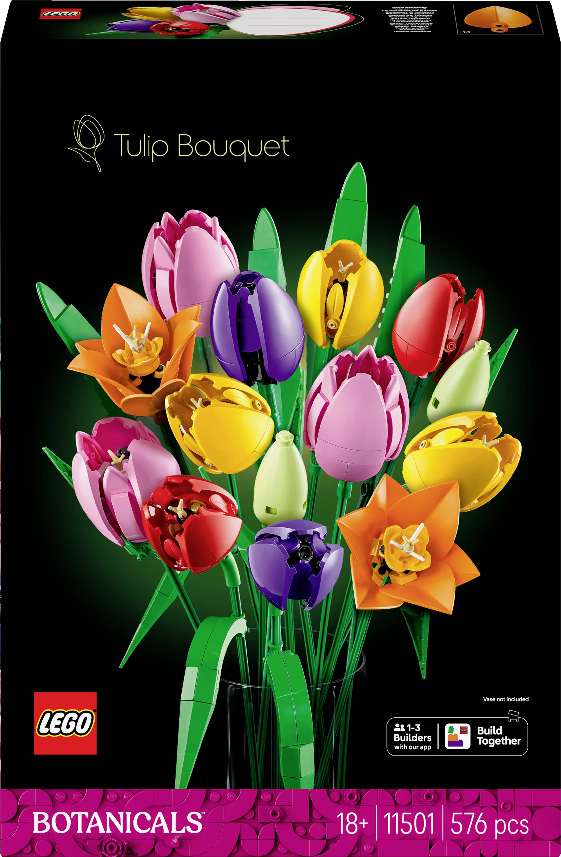 'Lego Botanicals Tulip Bouquet' set for ages 18+, featuring colorful tulip and flower designs with 576 pieces.