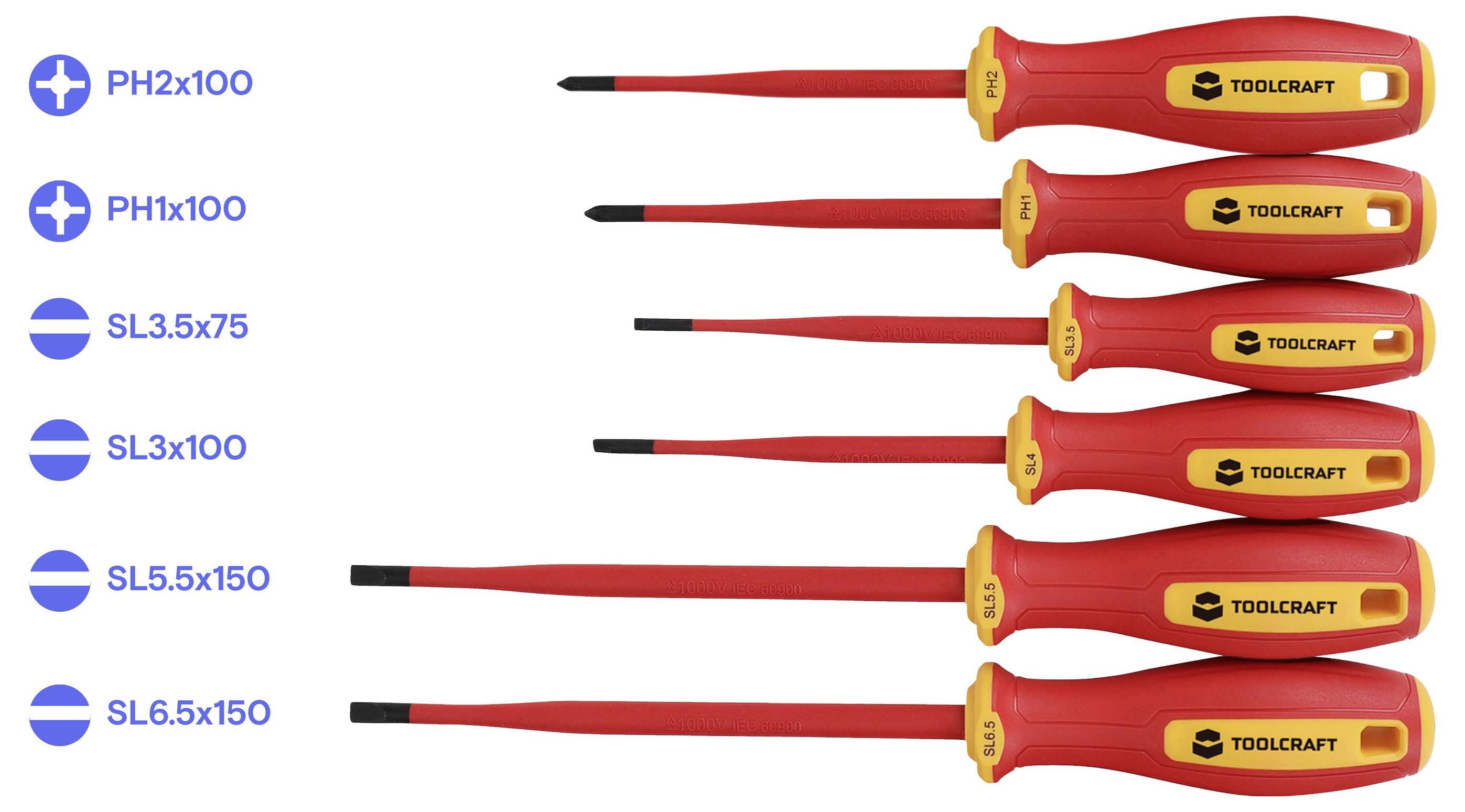 Set of six TOOLCRAFT insulated screwdrivers with labeled sizes: PH2x100, PH1x100, SL3.5x75, SL3x100, SL5.5x150, and SL6.5x150.<br>