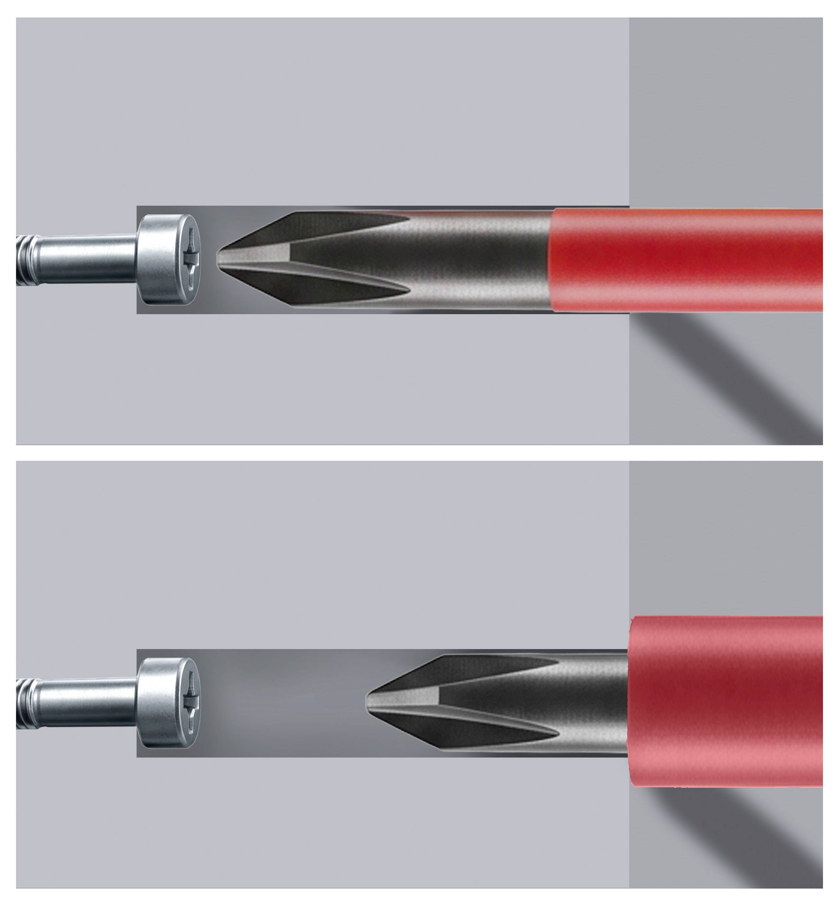 Two side-by-side diagrams show a metal coupling being inserted into a red hose or pipe, illustrating the connection at two different positions.