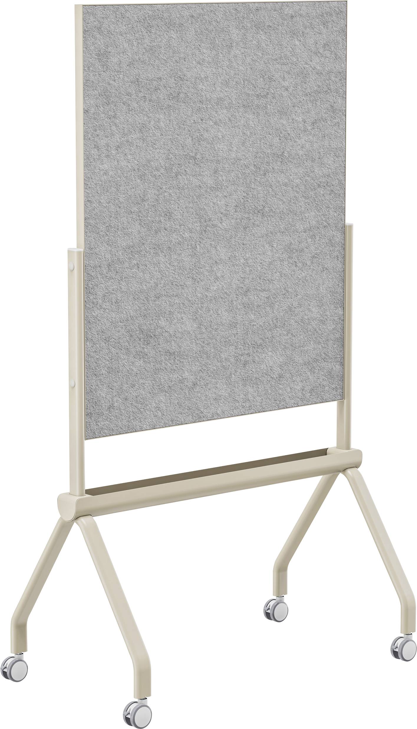 A grey, fabric-covered partition on a beige stand with wheels, suitable for dividing office spaces or classrooms for privacy.