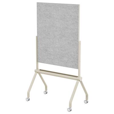 'A wooden easel with a gray board on top, standing on wheels, suitable for presentations or displays.'