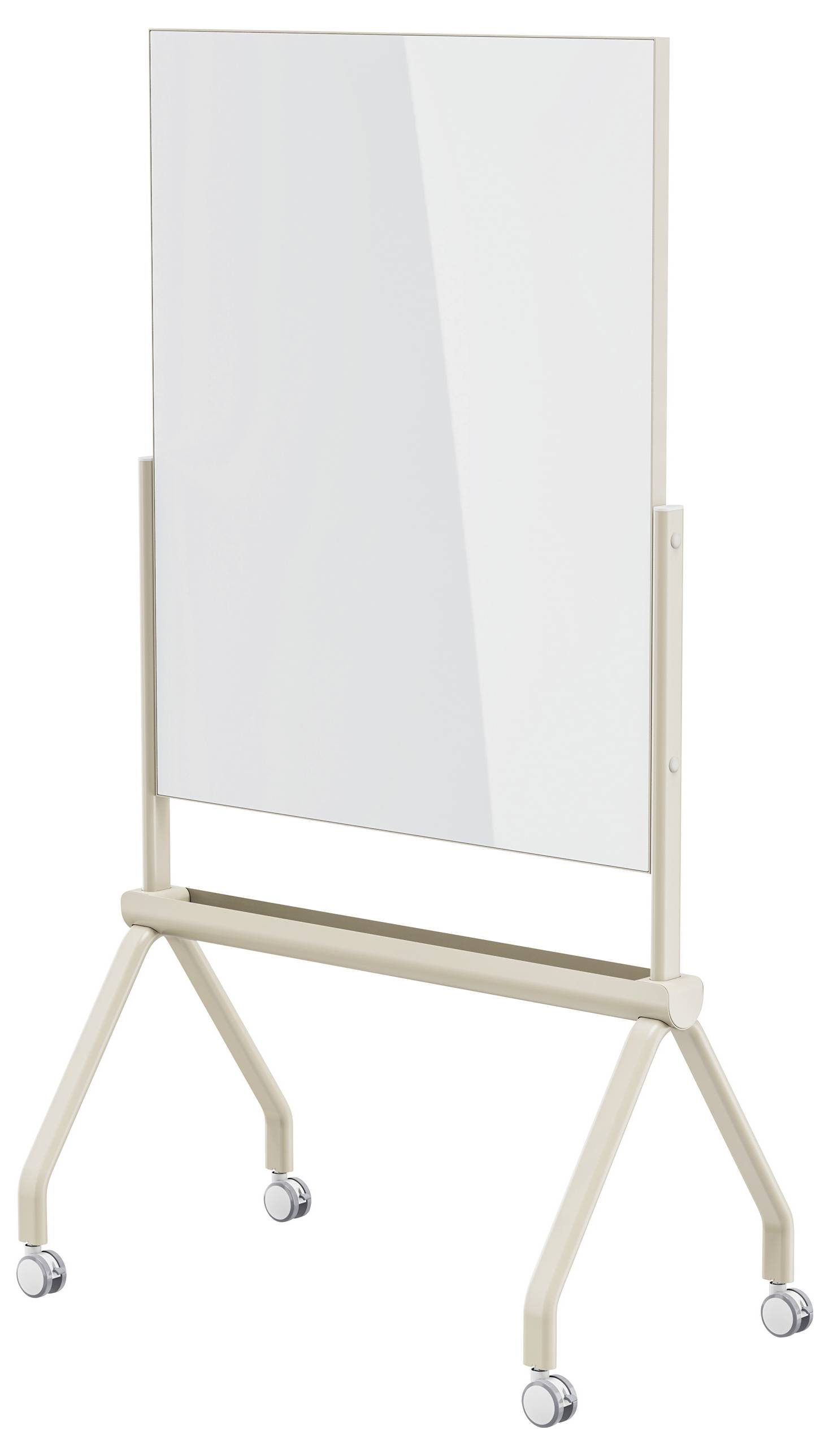 A mobile whiteboard on wheels with a beige frame, featuring a rectangular board suitable for writing or presentations.