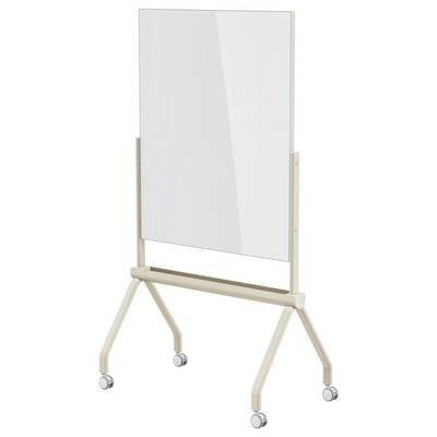 A mobile whiteboard on wheels with a beige frame, featuring a rectangular board suitable for writing or presentations.