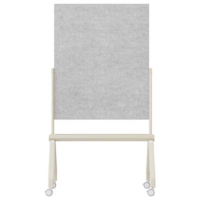 A mobile fabric-covered room divider on wheels, shown from the front, used for acoustic purposes or space separation in an office setting.