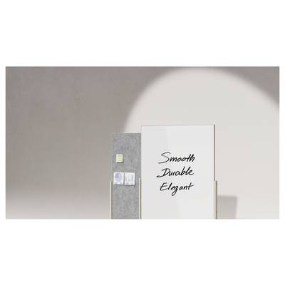 A whiteboard with the words 'Smooth, Durable, Elegant' written on it is set against a stone-textured panel with sticky notes and charts.