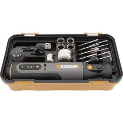 A cordless rotary tool kit with various attachments and drill bits, including sanding and polishing tools, in an orange and black case.