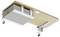 Underside of a mounted wooden desk or table showing metal support brackets and adjustable feet on a white background.