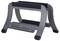 A gray, double-slot laptop stand with rubber pads for stability, suitable for holding two laptops vertically for space-saving storage.