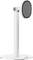 A white round base stand with a hinged circular holder at the top designed for holding devices, such as tablets or phones, upright.