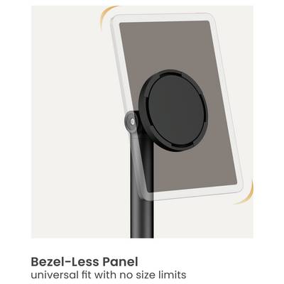 'Bezel-Less Panel' text displayed with an image of a stand holding a device with a screen, emphasizing a universal fit feature.