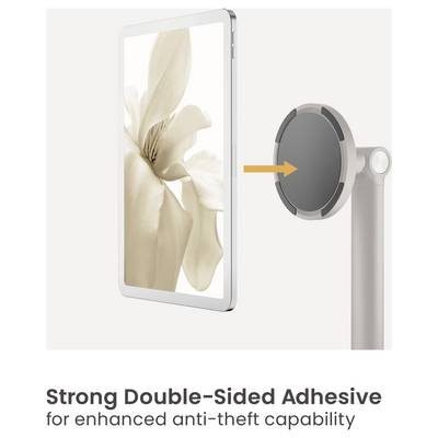 Tablet secured on a stand using a circular adhesive pad, illustrating 'Strong Double-Sided Adhesive for enhanced anti-theft capability'.