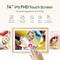 '14" IPS FHD Touch Screen' with features like auto image rotation, built-in speaker, and interactive touch, shown with children playing.