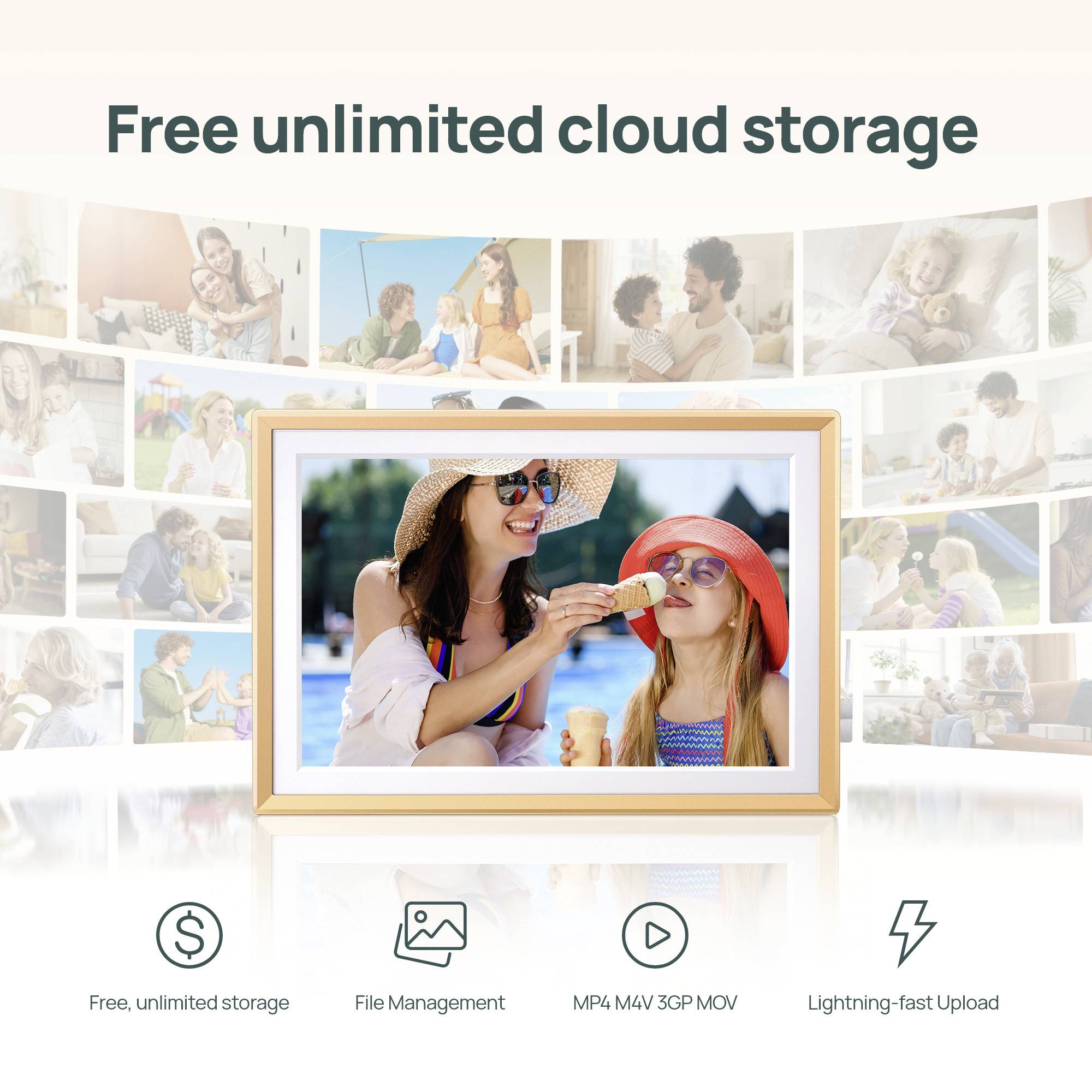 A photo shows a woman and child in sun hats sharing an ice cream. Above, text reads 'Free unlimited cloud storage' with icons for features.