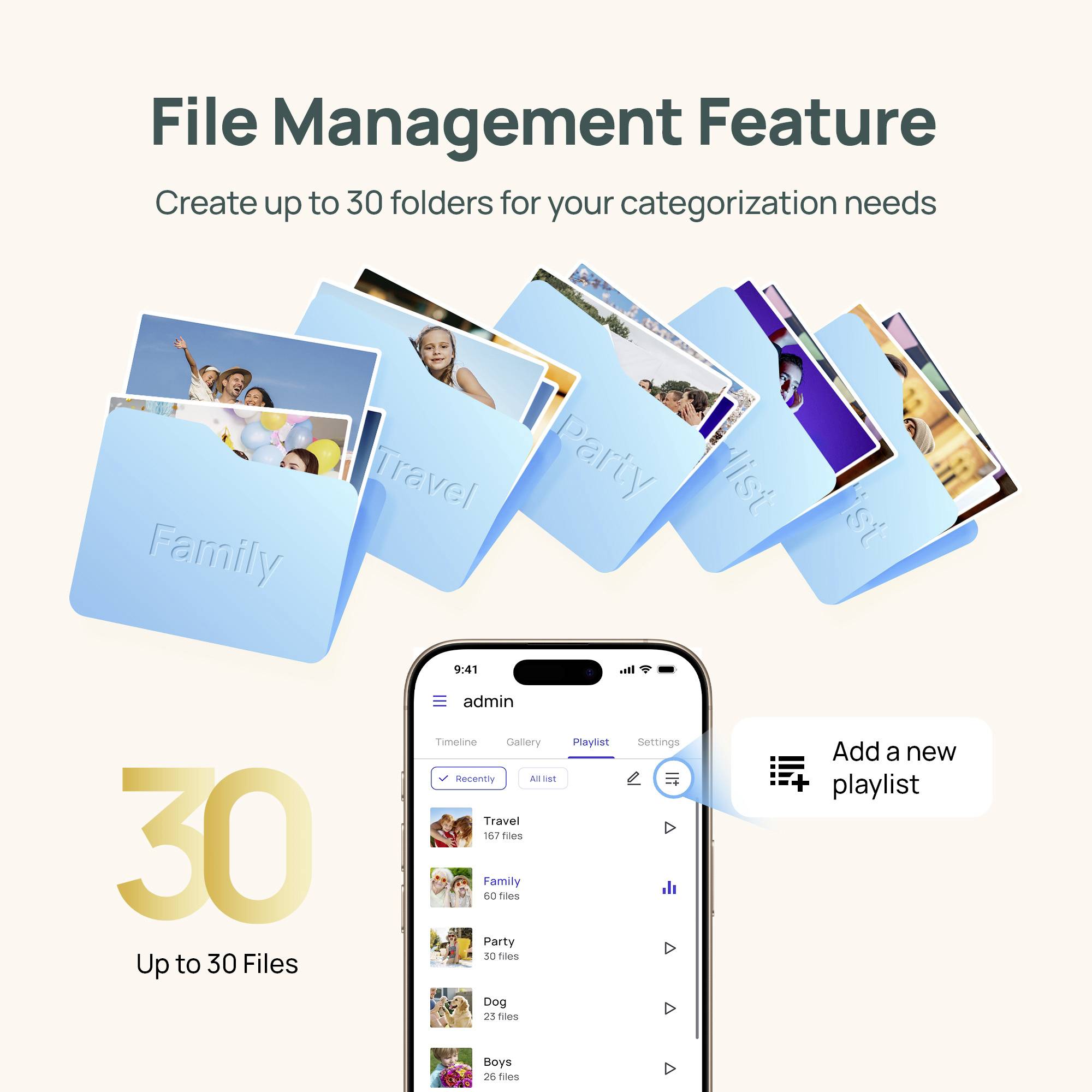 'File Management Feature' allows up to 30 folders for categorization. The image shows folders labeled 'Family' and 'Travel' with corresponding photos.
