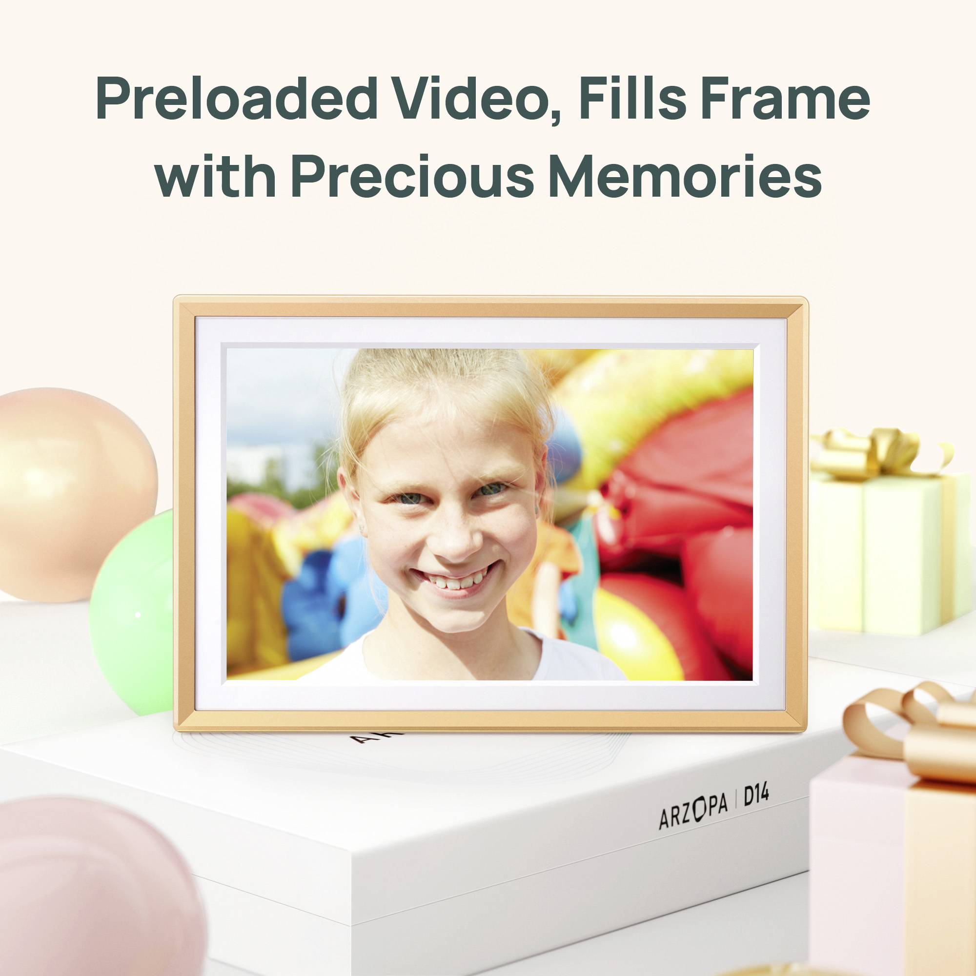 A digital photo frame displays a smiling child with vibrant background colors. Text above reads 'Preloaded Video, Fills Frame with Precious Memories'.