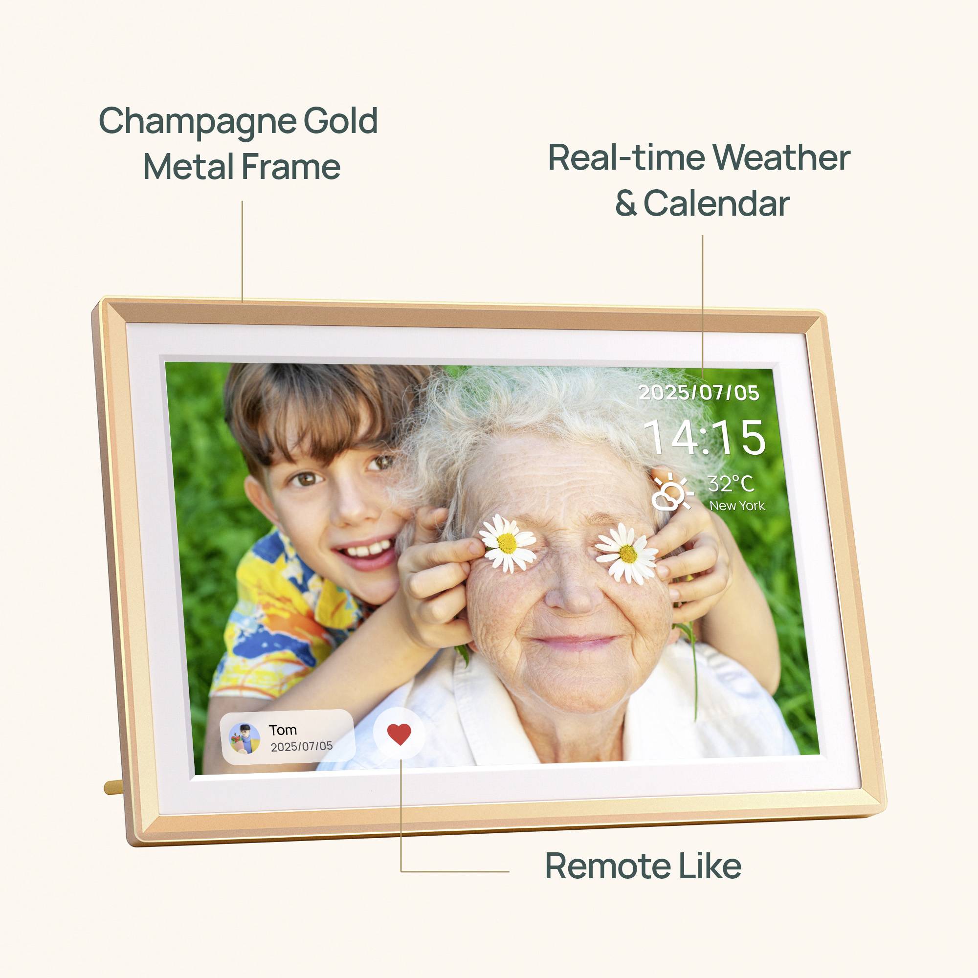 A digital photo frame with 'Real-time Weather & Calendar' display. Features include 'Champagne Gold Metal Frame' and 'Remote Like'.