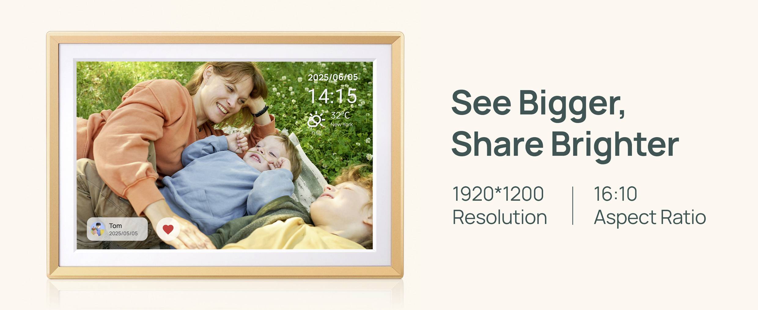 A digital photo frame displays a family scene with three people resting on grass, showing the date, time, and weather. Text reads: 'See Bigger, Share Brighter' with specs: 1920*1200 resolution, 16:10 aspect ratio.
