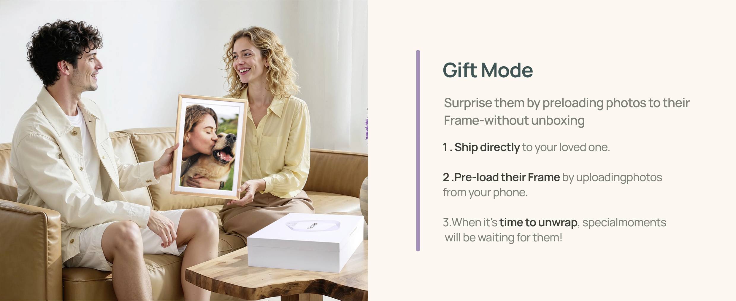 A couple sits on a couch, holding a picture frame displaying a young woman. Text on the right explains 'Gift Mode' for preloading the frame.