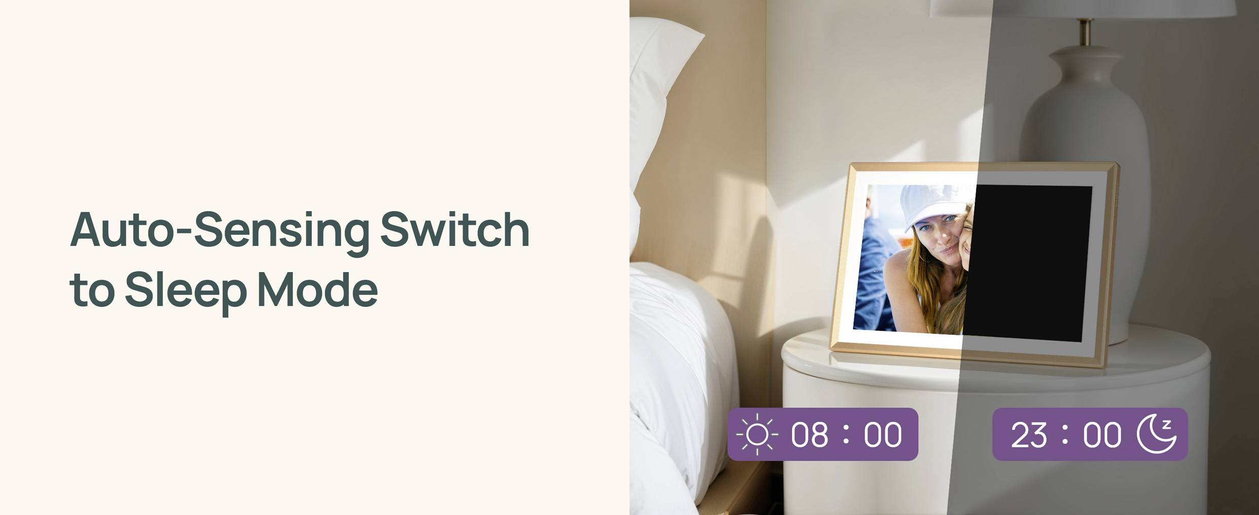 'Auto-Sensing Switch to Sleep Mode' feature with a framed photo on a bedside table, switching from day to night mode at 8:00 and 23:00.