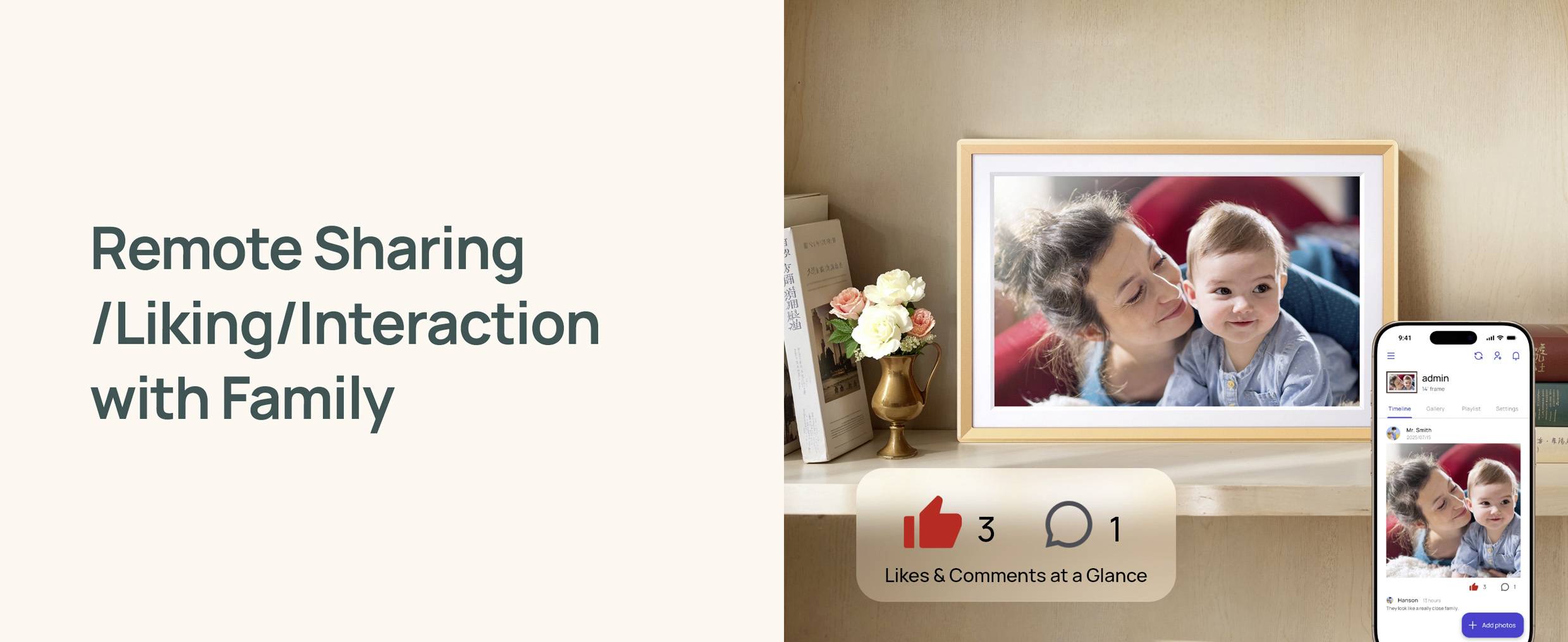 An elderly woman and a baby smile in a framed photo on a shelf, accompanied by a smartphone displaying the same image. Text reads 'Remote Sharing/Liking/Interaction with Family' and shows icon for 'Likes & Comments at a Glance'.