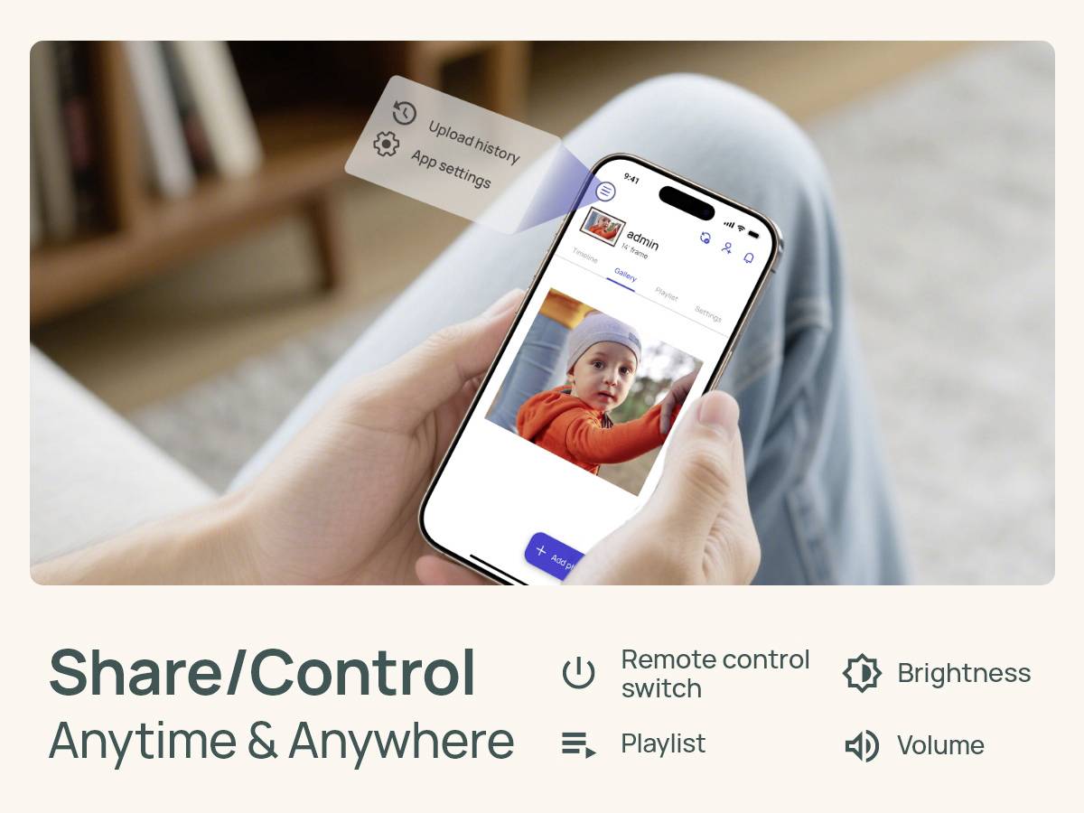 A person holds a smartphone showing a video of a child; text reads 'Share/Control Anytime & Anywhere' with icons for remote control, playlist, brightness, and volume.