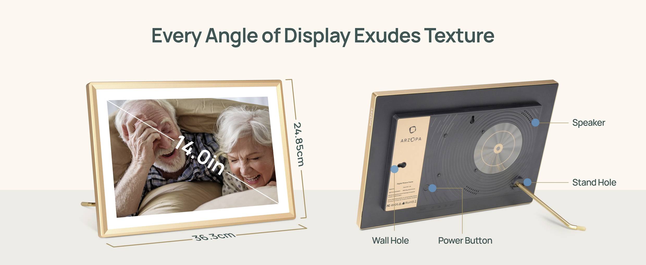 'Every Angle of Display Exudes Texture' text above two digital frames; one showing a joyful elderly couple, the other displays the back features.