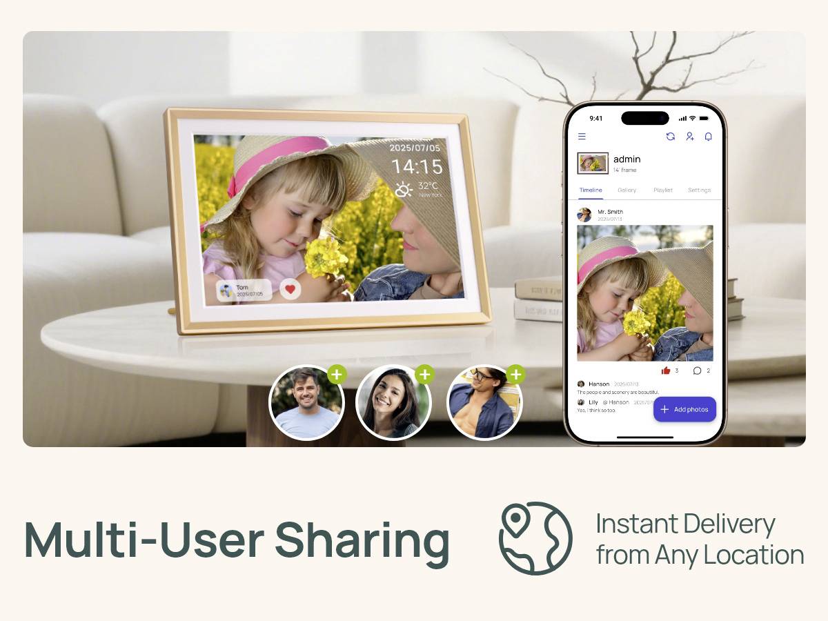 A digital photo frame and smartphone display the same image of a child smelling a flower. Icons below show multi-user sharing features.