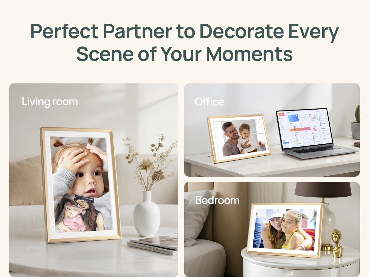 Image showing three framed photos in various settings: 'Living room' with a family photo, 'Office' beside a laptop, 'Bedroom' near a lamp. Text reads 'Perfect Partner to Decorate Every Scene of Your Moments.'
