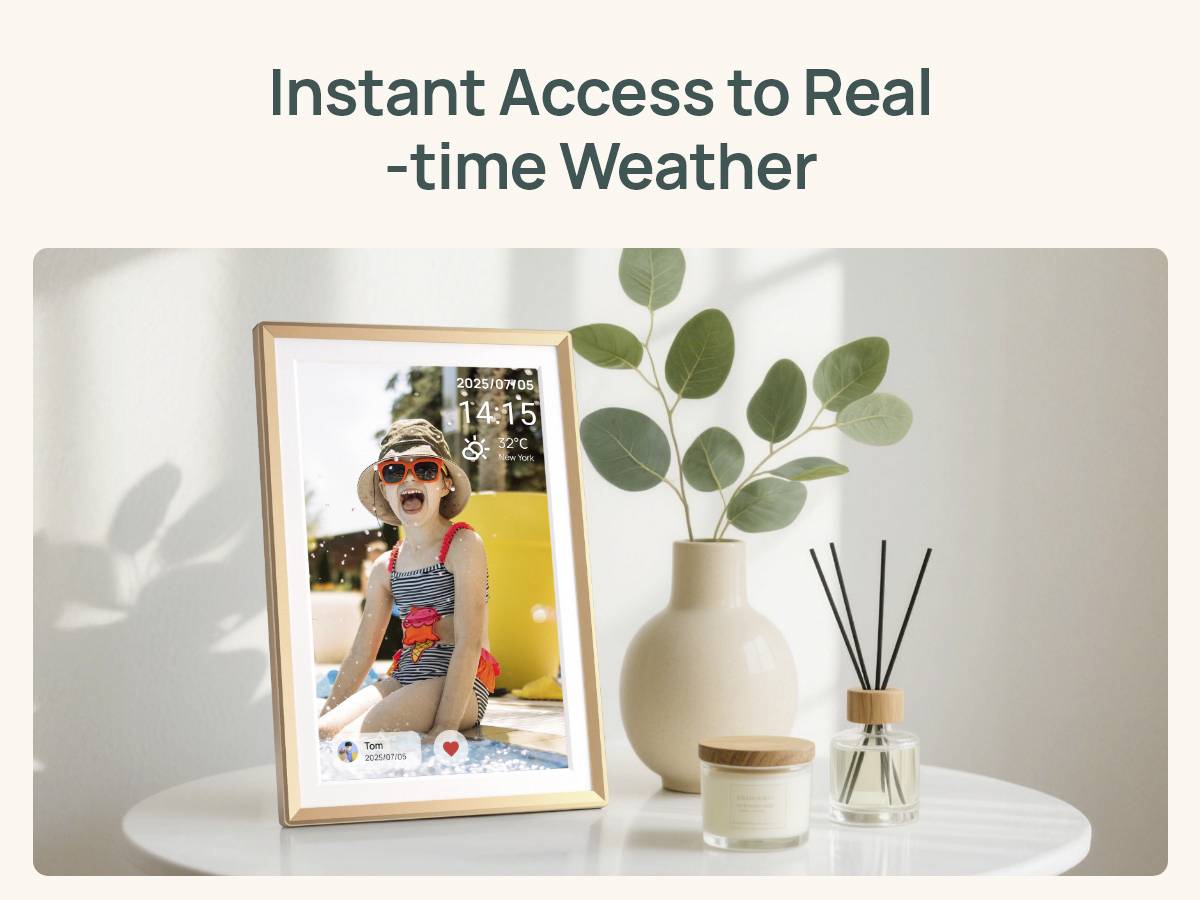 A digital photo frame displays a child's summer photo alongside real-time weather details, on a table with a plant and candle.