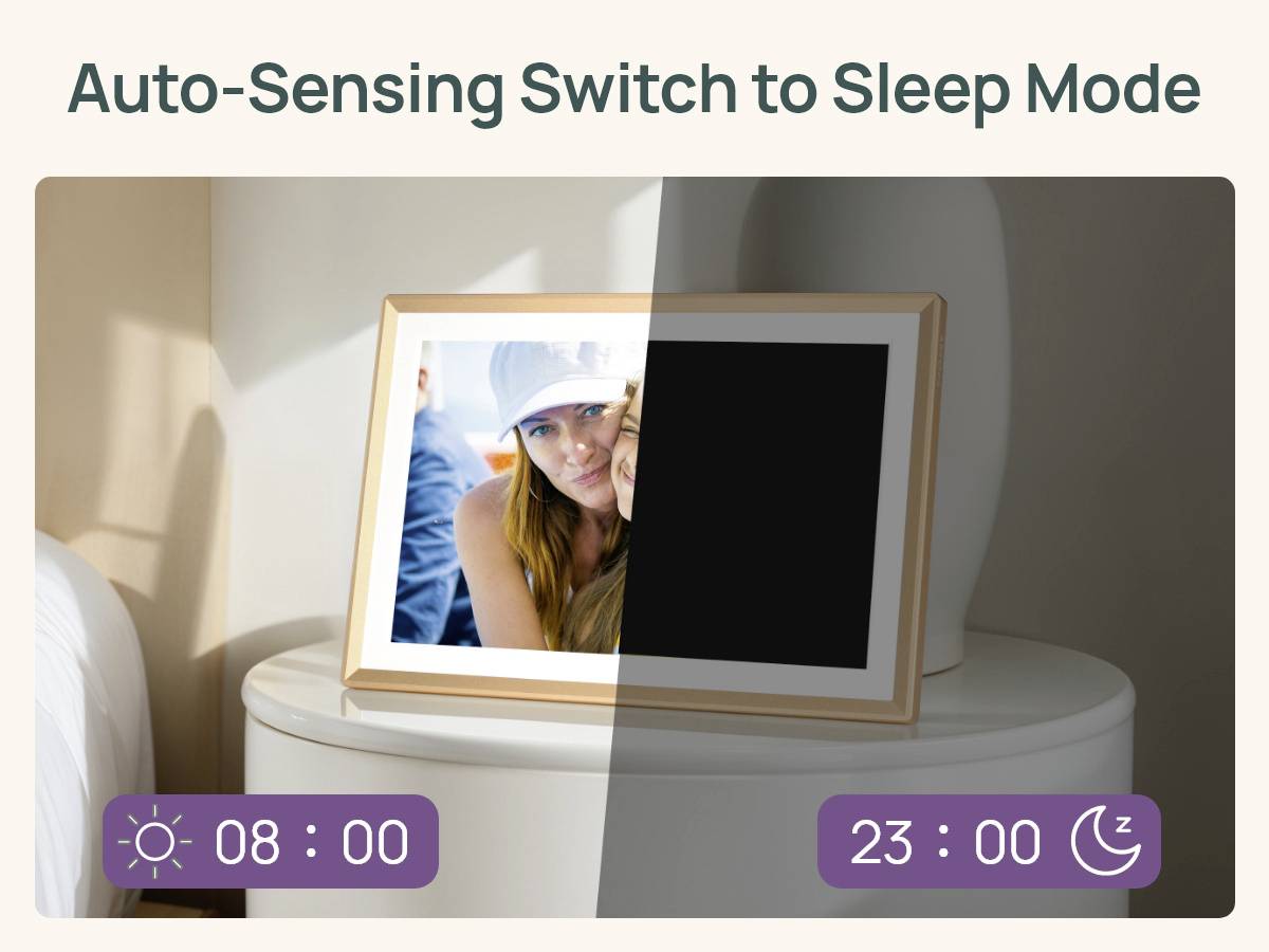 A digital photo frame on a bedside table switches from displaying a photo during the day to a blank screen at night, showing auto-sensing sleep mode with time indicators.
